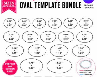 Bundle de modèles ovales pour épingles, 17 tailles, toile modifiable, A4 et lettre US, Svg Dxf Eps Png Pdf Psd, usage commercial, téléchargement immédiat