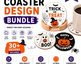 Ensemble de 30 motifs pour sous-verres de 8,9 cm (3,5 pouces), thème Halloween, prêts à imprimer, formats A4 et Lettre US, téléchargement instantané