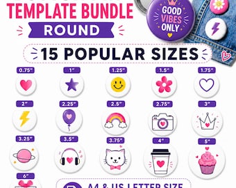 Lot de modèles d'épingles pour boutons, forme ronde, modèles de badges circulaires modifiables, guide de ligne de fond perdu, épingles vierges de 0,75 à 6 pouces, A4 et lettre