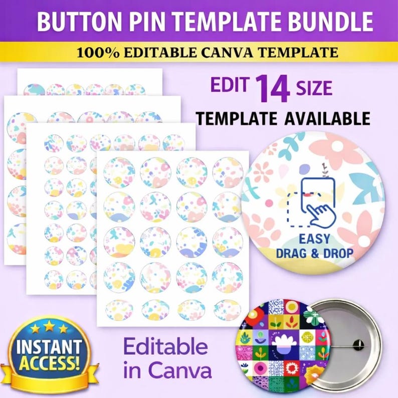Button Pin Template Bundle Digital Download, Custom Editable Badge ...