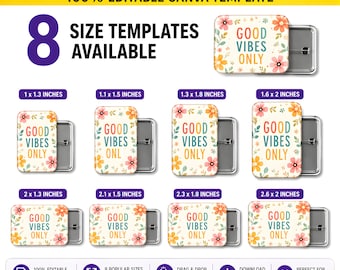 Rectangle Button Pin Template Bundle Digital Download: Editable rectangle badge templates, sublimation PNG/SVG, blank pinback 8 sizes, A4.