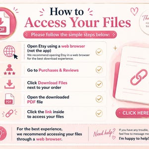 Puede incluir: Un gr&aacute;fico rosa y blanco con instrucciones sobre c&oacute;mo acceder a los archivos. El texto dice "C&oacute;mo acceder a tus archivos" e incluye pasos numerados con iconos y texto. Tambi&eacute;n es visible un bot&oacute;n "Haga clic aqu&iacute;".