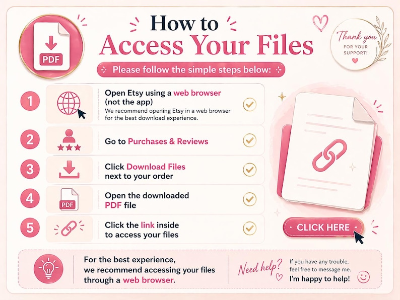 Puede incluir: Un gr&aacute;fico rosa y blanco con instrucciones sobre c&oacute;mo acceder a los archivos. El texto dice "C&oacute;mo acceder a tus archivos" e incluye pasos numerados con iconos y texto. Tambi&eacute;n es visible un bot&oacute;n "Haga clic aqu&iacute;".