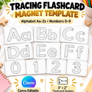 Plantilla magnética para tarjetas didácticas de trazo, alfabeto A-Z y números 0-9, diseño editable de 3x2 pulgadas en Canva, descarga digital para el aprendizaje infantil.