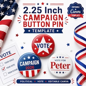 May include: Three 2.25 inch round campaign button pins with red, white, and blue patriotic designs. One button is red with a white star and the text VOTE. Another is blue with white stripes and text CAMPAIGN 2026. The third is white with VOTE FOR Peter.