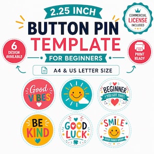 Puede incluir: Una plantilla de chapa de 5,7 cm para principiantes con seis diseños circulares, gráficos coloridos y textos como Good Vibes, un sol, Beginner You Got This, Be Kind, Good Luck y Smile Good Things Ahead en tamaños A4 y carta de EE. UU.