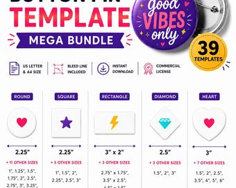 Button Pin Template Mega Bundle | All Sizes All Shapes | Editable Canva | Bleed Line | A4 US Letter | Commercial License | Instant Download