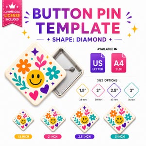 Pode incluir: Um modelo de broche em forma de diamante com um rosto sorridente amarelo, flores laranja e azul-petróleo, e corações roxos. O gráfico inclui texto para tamanhos US Letter e A4, com opções de 38 mm, 50 mm, 63 mm e 76 mm abaixo.