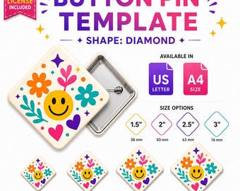 Bundle de modèles d'épingles en forme de bouton losange, épingles de bouton bricolage modifiables en toile, insert de ligne de saignement, 4 tailles, A4 et lettre US, téléchargement immédiat