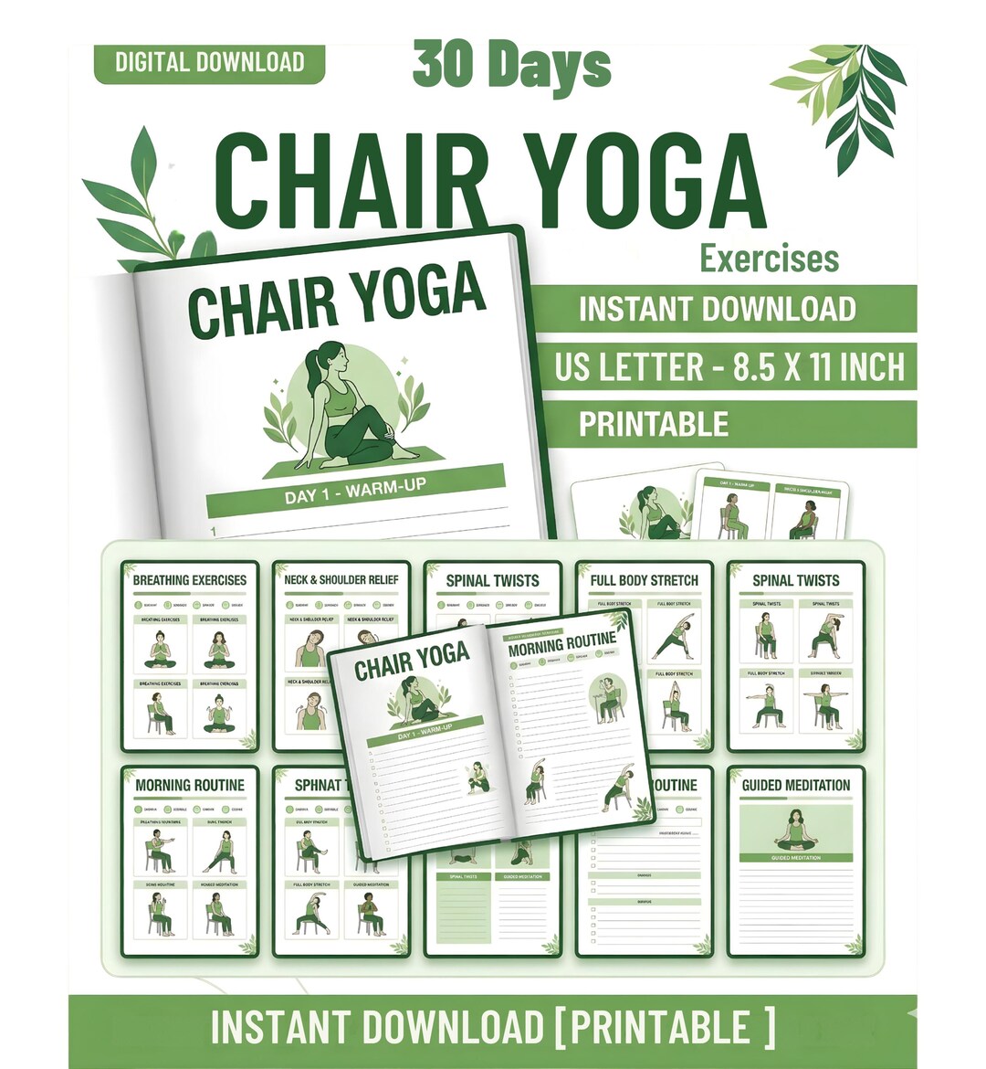 Seated Yoga Routine 30 Days Chair Yoga Exercises Printable, Easy Chair Workout, Chair Yoga ...