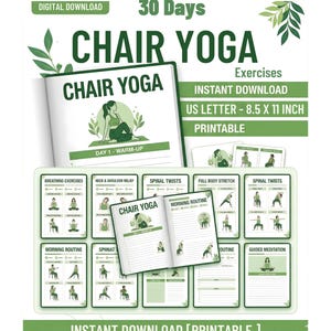 Peut inclure: Téléchargement numérique "Chair Yoga" avec un design vert et blanc. L'image comprend un livre avec des illustrations de poses de yoga et le texte "30 Days" et "Exercises". L'imprimable est au format US Letter, 21,6 x 27,9 cm.