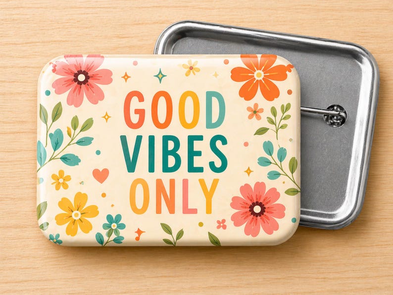 May include: A rectangular button with rounded corners, featuring the phrase "GOOD VIBES ONLY" in colorful letters. The button is decorated with floral and leaf illustrations in shades of pink, orange, yellow, and teal. A silver pin back is attached.