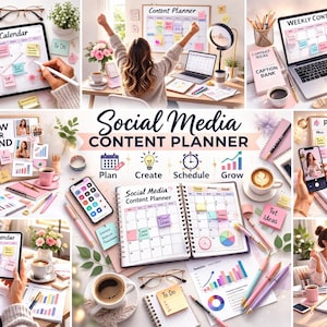 Puede incluir: Una colección de imágenes que muestran herramientas de planificación de contenido para redes sociales. Incluye una tableta, un portátil y cuadernos con las palabras "Content Calendar" y "Post Ideas". Las imágenes también presentan un smartphone, café, bolígrafos y otros útiles de oficina.