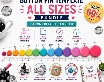 Lot de 14 modèles de badges ronds, toutes tailles, toile modifiable, format A4 et lettre US, téléchargement immédiat