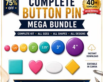 Complete Button Pin Mega Bundle, All Sizes and Shapes, Editable Canva Templates, Bleed Lines, A4 & US Letter, Instant Download