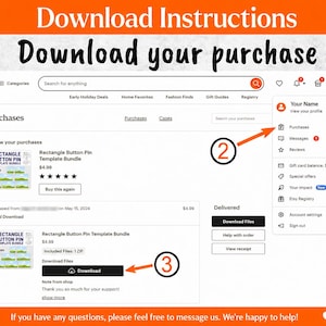 Puede incluir: Captura de pantalla de una p&aacute;gina de confirmaci&oacute;n de compra de Etsy. La p&aacute;gina muestra un "Rectangle Button Pin Template Bundle" con un bot&oacute;n de descarga. Las instrucciones en la parte superior dicen "Download Instructions" y "Download your purchase."