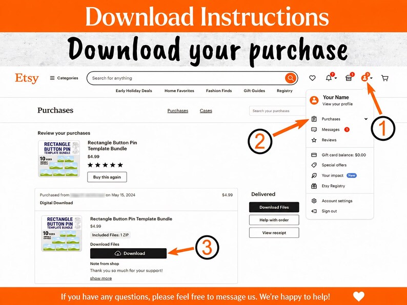 Puede incluir: Captura de pantalla de una p&aacute;gina de confirmaci&oacute;n de compra de Etsy. La p&aacute;gina muestra un "Rectangle Button Pin Template Bundle" con un bot&oacute;n de descarga. Las instrucciones en la parte superior dicen "Download Instructions" y "Download your purchase."