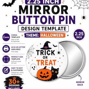 2.25 Inch Mirror Button Pin Template, Halloween Theme, 30+ Editable Canva Designs, A4 & US Letter, Instant Download