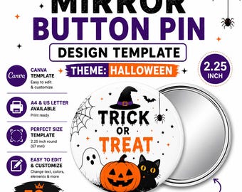 Modèle de badge miroir de 5,7 cm (2,25 pouces), thème Halloween, plus de 30 motifs Canva modifiables, formats A4 et Lettre US, téléchargement instantané