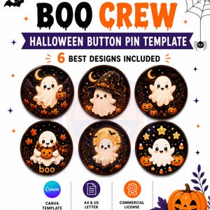 Może przedstawiać: Cyfrowy szablon przypinek na Halloween z napisem BOO CREW oraz HALLOWEEN BUTTON PIN TEMPLATE. Zawiera 6 okrągłych wzorów przedstawiających duchy z dyniami, jesiennymi liśćmi, gwiazdkami i kapeluszem czarownicy na ciemnym tle.