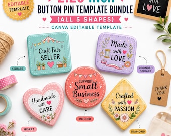 Lot de gabarits pour boutons de 5,7 cm (2,25 pouces), 5 formes, format Canva modifiable, lignes de fond perdu, rond, carré, carré arrondi, cœur et losange