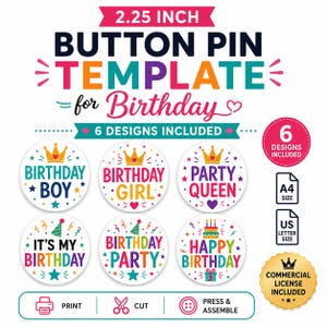 2.25 Inch Birthday Button Pin Template, 6 Party Designs Included, Editable Canva, Kids Birthday Favor, Instant Download