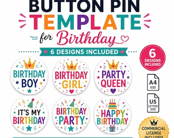 Modèle d'épingle pour bouton anniversaire 2,25 pouces, 6 modèles de fête inclus, toile modifiable, cadeau d'anniversaire pour enfants, téléchargement immédiat