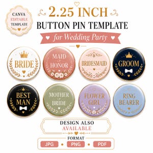 Könnte beinhalten: Eine 5,7 cm Button-Vorlage für eine Hochzeitsfeier mit acht kreisförmigen Designs, goldenem Text und floralen Akzenten. Die Beschriftungen umfassen Bride, Maid of Honor, Bridesmaid, Groom, Best Man, Mother of Bride, Flower Girl und Ring Bearer.