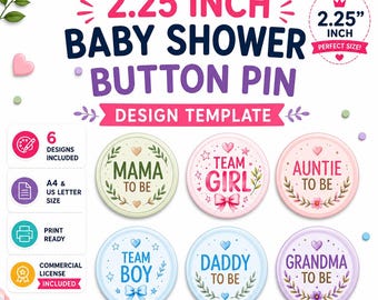 Pin's pour baby shower 2,25 pouces, modèle de toile modifiable, 6 épingles pour cadeaux, A4 et lettre US, téléchargement immédiat