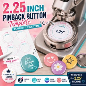 May include: A 2.25 inch pinback button making machine with a metal press, a template sheet featuring multiple circular guides labeled bleed line and safe zone, and several finished buttons with smiley face, star, and flower designs.