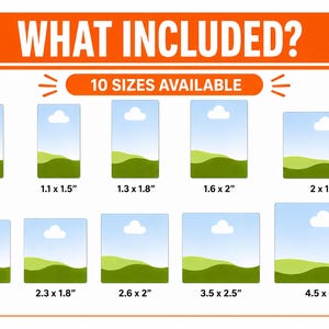 Puede incluir: La imagen muestra diez opciones de tama&ntilde;o, que van desde 2,5 x 3,3 cm hasta 11,4 x 8,9 cm. Cada tama&ntilde;o est&aacute; representado por un gr&aacute;fico rectangular con cielo azul, nube blanca y paisaje verde.