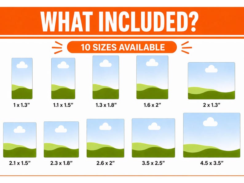 Puede incluir: La imagen muestra diez opciones de tama&ntilde;o, que van desde 2,5 x 3,3 cm hasta 11,4 x 8,9 cm. Cada tama&ntilde;o est&aacute; representado por un gr&aacute;fico rectangular con cielo azul, nube blanca y paisaje verde.