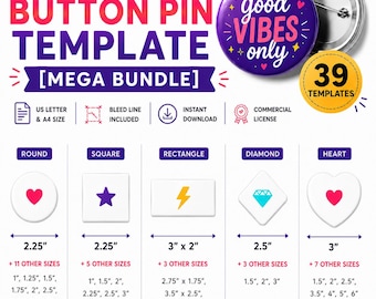 All-in-One Button Pin Template Mega Bundle | All Sizes & Shapes | Editable Canva | Bleed Lines | A4 and Letter | Commercial License
