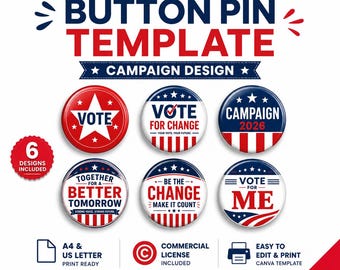 Conception de campagne de modèles d'épingles à 2,25 boutons, 6 badges modifiables en toile, épingles de campagne électorale, lignes de saignement, A4 et lettre US, téléchargement immédiat