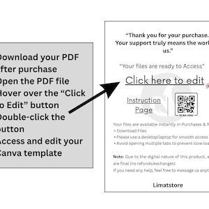 Puede incluir: Una hoja de instrucciones de descarga digital blanca con el texto "Click here to edit" y un c&oacute;digo QR. La hoja proporciona los pasos para acceder y editar una plantilla de Canva despu&eacute;s de la compra.