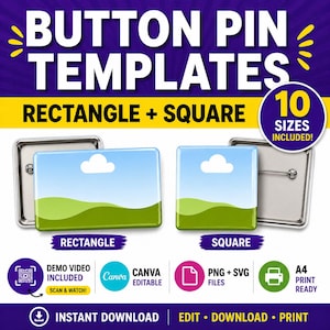 Puede incluir: Imagen promocional de plantillas de pines de bot&oacute;n. El dise&ntilde;o presenta maquetas de pines de bot&oacute;n rectangulares y cuadrados con un dise&ntilde;o de paisaje. El texto incluye "BUTTON PIN TEMPLATES", "RECTANGLE + SQUARE" y "&iexcl;10 TAMA&Ntilde;OS INCLUIDOS!"