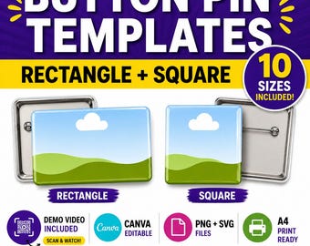 Button Pin Template Bundle Rectangle & Square – Editable Canva Badge Templates, PNG SVG Sublimation, 10 Sizes A4