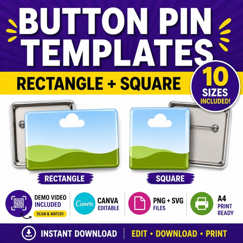 Puede incluir: Imagen promocional de plantillas de pines de bot&oacute;n. El dise&ntilde;o presenta maquetas de pines de bot&oacute;n rectangulares y cuadrados con un dise&ntilde;o de paisaje. El texto incluye "BUTTON PIN TEMPLATES", "RECTANGLE + SQUARE" y "&iexcl;10 TAMA&Ntilde;OS INCLUIDOS!"