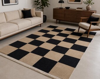 Modern Black and Beige Checkerboard Pattern Area Rug with Fringes size 5x8ft