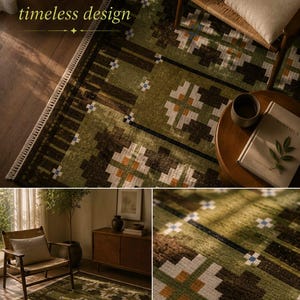 May include: A rectangular area rug featuring a repeating geometric pattern in shades of olive green, dark brown, white, and orange, with small blue accents and white fringe on the ends. The text "For homes that love timeless design" is visible.