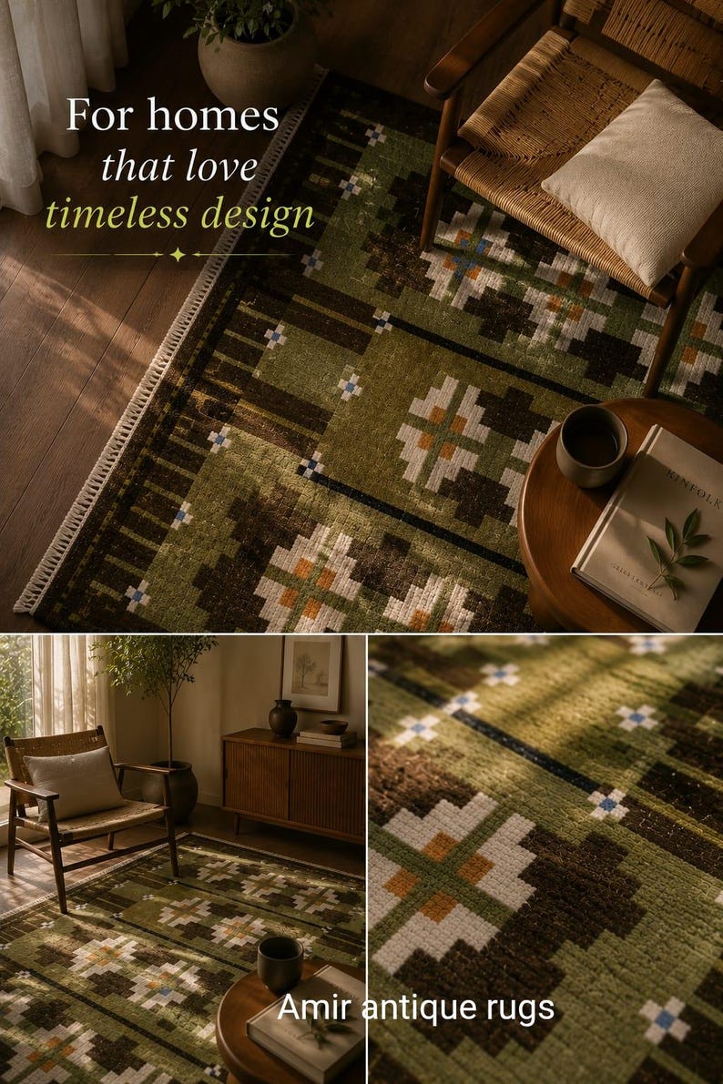 May include: A rectangular area rug featuring a repeating geometric pattern in shades of olive green, dark brown, white, and orange, with small blue accents and white fringe on the ends. The text "For homes that love timeless design" is visible.