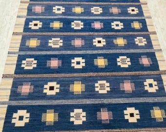 Tapete Dhurrie Geométrico Azul, Tapete de Área Tecido à Mão, Tapete de Algodão Indiano, Tapete Marinho e Marfim, Tapete Boho Colorido, Decoração Moderna para Sala de Estar