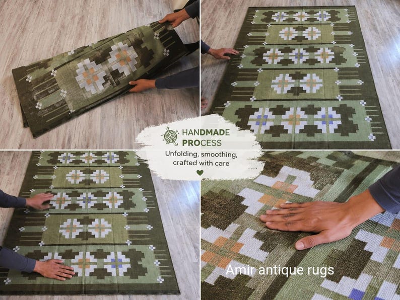 May include: A rectangular area rug featuring a repeating geometric pattern in shades of olive green, white, and light brown. The rug displays a symmetrical design with cross-like motifs. Text on the image reads: HANDMADE PROCESS Unfolding, smoothing, crafted with care, and Amir antique rugs.