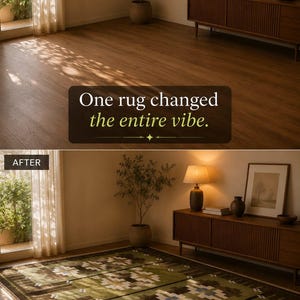 May include: A split-view interior scene showing a room before and after adding a rectangular area rug. The rug features a green base with brown, white, and blue geometric patterns. Text reads: One rug changed the entire vibe. Amir antique rugs.