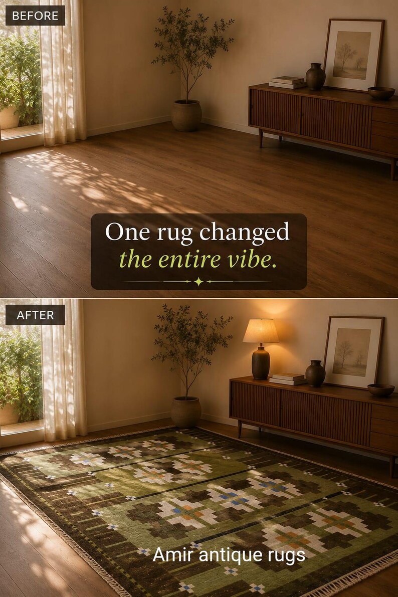 May include: A split-view interior scene showing a room before and after adding a rectangular area rug. The rug features a green base with brown, white, and blue geometric patterns. Text reads: One rug changed the entire vibe. Amir antique rugs.