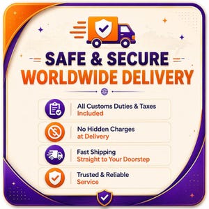 K&ouml;nnte beinhalten: Eine quadratische Grafik mit violetten und orangen R&auml;ndern, einem orangen Lieferwagen-Symbol und dem Text SAFE & SECURE WORLDWIDE DELIVERY. Sie listet vier Punkte auf: All Customs Duties & Taxes Included, No Hidden Charges, Fast Shipping und Trusted & Reliable Service.