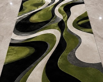 Modern Abstract Green Black Rug, Hand Tufted Area Carpet, Contemporary Living Room Decor