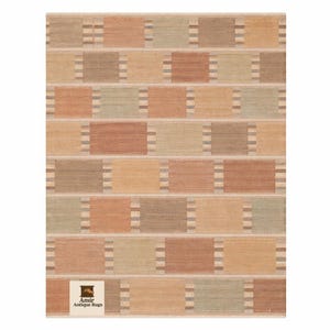 May include: Rectangular rug with a repeating pattern of rectangles in shades of beige, brown, orange, and green. The rug has a woven texture and a neutral border. The rug is labeled "Amir Antique Rugs".
