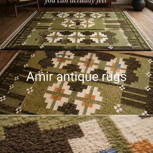 May include: A rectangular area rug featuring a geometric pattern in shades of olive green, dark brown, cream, orange, and blue. The rug has a textured, knotted pile surface and white fringe along the edges. Text reads: Handmade details you can actually feel. Amir antique rugs.