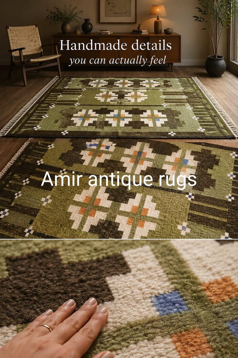 May include: A rectangular area rug featuring a geometric pattern in shades of olive green, dark brown, cream, orange, and blue. The rug has a textured, knotted pile surface and white fringe along the edges. Text reads: Handmade details you can actually feel. Amir antique rugs.
